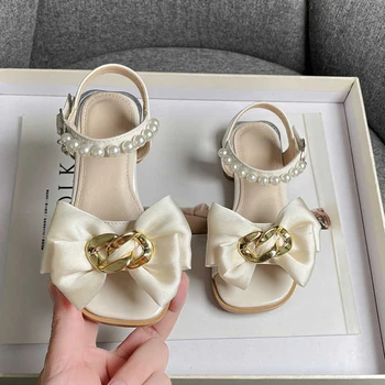 Луксозни дамски сандали с метален декор, детски летни обувки с квадратни пръсти, на нисък ток, за партита, Красиви детски обувки 26-36 три цвята 4