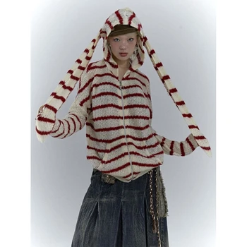 Модерен вязаный пуловер на райета, палто, жилетка с дълъг ръкав и качулка, вязаная на горно облекло свободно cut 4