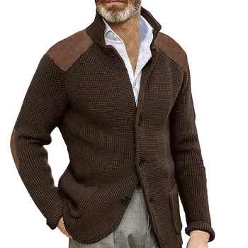 Мъжки Ежедневни маншет копчета, нашивка на рамото, тънък топъл пуловер, яке-жилетка, пуловер, жилетка, тънък ревера, вязаная яке с дълъг ръкав 4