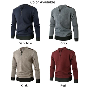 Мъжки ежедневни вязаный пуловер, топъл пуловер, здрав топ в мешковатом стил с цветни блокчета, сив, червен, каки, тъмно син 4