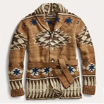 Мъжки пуловер Жилетка с винтажным геометричен модел, Възли жилетки с колан, Модерен случайни жаккардовый пуловер, Зимни, Есенни мъжки блузи 4