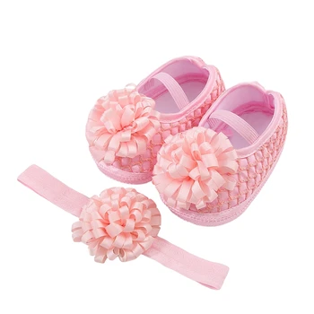 Обувки на принцеса за момиченца и превръзка на главата с цветна лента Mary Jane върху плоска подметка, модел обувки за новородени деца 4