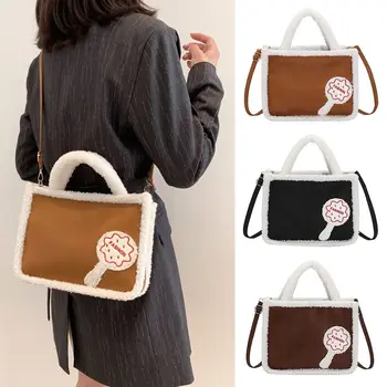 Чанта за през рамо в академик стил, ежедневни малка квадратна чанта с цип от вълна агнешко месо, японска дамска чанта през рамо 4