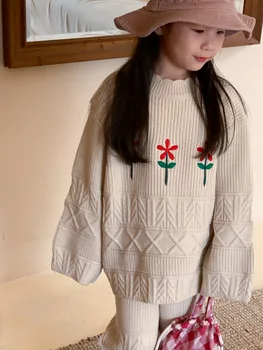 7466 Комплект детски дрехи 2023 Есен, нов вязаный пуловер за корейски момичета, вязаный пуловер в цветенце + панталони, комплект от две части 5