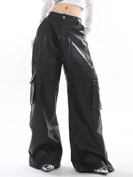 SHENGPALAE Модни Дамски Панталони От Изкуствена Кожа С джобове в стил Мозайка, Обикновена Висококачествени прави Панталони-Карго, Есен 2023, Новост 5R5910 5