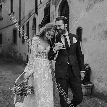 Дантелено сватбена рокля с ръкав-фенерче, уникални богемные сватбени рокли трапецовидна форма, плажен струята, noivas DW285 5