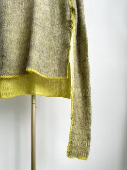 Есенно-зимния вязаный пуловер от смес от мохера за жени, дамски трикотаж с двустранно яка в контрастен цвят 5