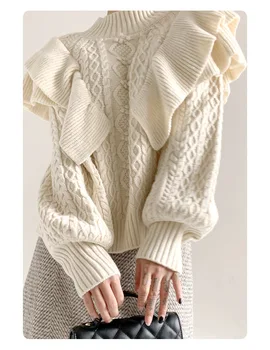 Жена есенно-зимния пуловер с кръгло деколте, ретро вязаный пуловер, дамски пуловери, бежов пуловер с дълъг ръкав, Pull Femme 5