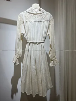 Жена памучни рокля ръчна изработка с кукла яка, дълъг ръкав и шнур на кръста. 5