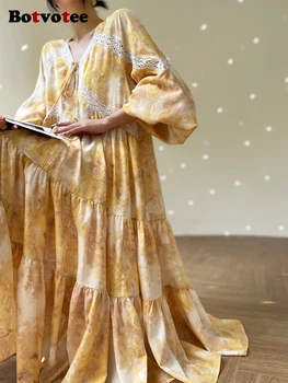 Женствена рокля миди с принтом Botvotee 20223, Есенна новост, винтажное рокля с V-образно деколте и шнур, Елегантни свободни рокли с ръкави-фенерчета 5