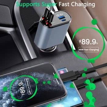 Зарядно Устройство 4 в 1 Мощност 100 W, USB Кабел/Type-C За iPhone Xiaomi Huawei Samsung, Прибиращ се Кабел за Бързо Зареждане, Адаптер за Запалка 5