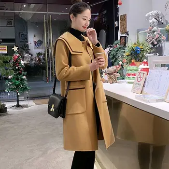 Корейското дамско палто с дълъг ръкав, Една вълнена риза, Шик Ретро случайни вълнен сако Оверсайз, монофонични V13 5
