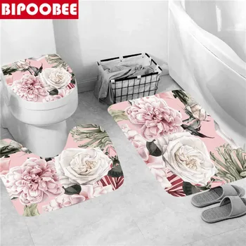 Красива завеса за душ с принтом под формата на розови цветя, пердета за баня в европейски стил и постелки за баня, постелки за тоалетна, домашен декор 5