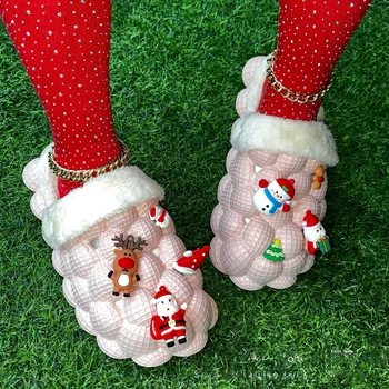 Креативните Коледни Червени чехли САМ Модни обувки Верига за почивка Пузырьковые пързалки Топли Домашни чехли Удобни Сандали Личи в платформата 5