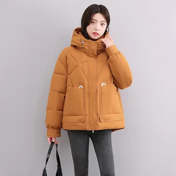 Късо дамско зимно палто с памучна подплата, Корейската версия на свободно плътно топло палто с качулка и памучна подплата за жени 5