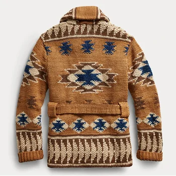 Мъжки пуловер Жилетка с винтажным геометричен модел, Възли жилетки с колан, Модерен случайни жаккардовый пуловер, Зимни, Есенни мъжки блузи 5