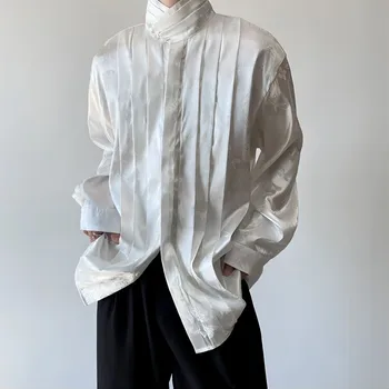 Нови мъжки и дамски ризи в ретро стил от китайски сатен и жакард с дълги ръкави и перлената катарама с висока деколте 5