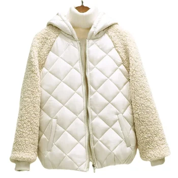 Тънка лека naka памучен сако, дамско късо палто, есен-зима, Дамски 2023 Нова Свободна памучен яке с качулка от изкуствена вълна агнешко месо 5