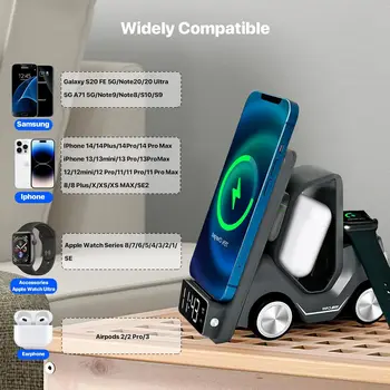 Универсална безжична зарядно устройство 5в1 за iPhone AirPods, умни часовници, автомобилен дизайн, адаптер за нощно осветление, Подкрепа на алармен часовник 5