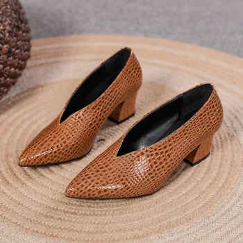 Фини дамски обувки от лачена кожа С Остър V-образно деколте На висок ток, Пролетни Универсални тънки обувки в стил ретро, Zapatos De Mujer, Черен 5