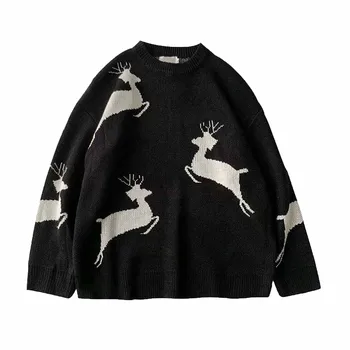 Червен пуловер с принтом елен за двойки Y 2k, Коледен пуловер-топ 5