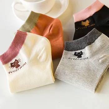 Чорапи, Дамски Пролетно-есенни новости, Памучни чорапи, с хубави анимационни котка и надпис Candy, Дамски чорапи-лодки, Дишащи чорапи 5