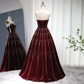 Шарън Каза, Арабско Бордовое бархатное бална рокля, вечерна рокля 2023, Луксозно секси вечерна рокля от Дубай кристал за сватба SS274 5