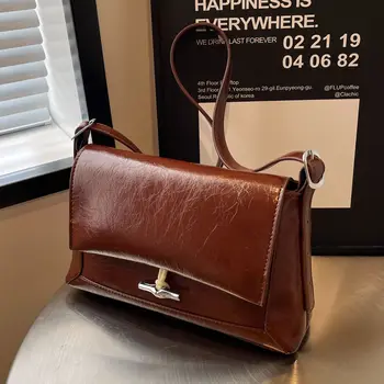 Брандираната дизайнерска дамска чанта за през рамото от изкуствена кожа с каменен модел, чанта през рамо с ключалка в ретро стил, реколта чанта с капак