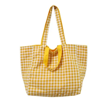 Нова двустранен чанта за пазаруване в клетката за еднократна употреба; 6 цвята; Голяма холщовая чанта на рамото; дамски чанти за студентски книги; продуктова чанта-тоут
